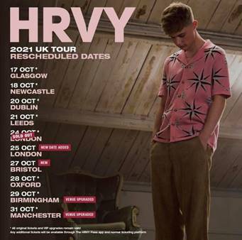 HRVY RESCHEDULED UK OCTOBER 2021 TOUR INCLUDING TWO NEW DATES