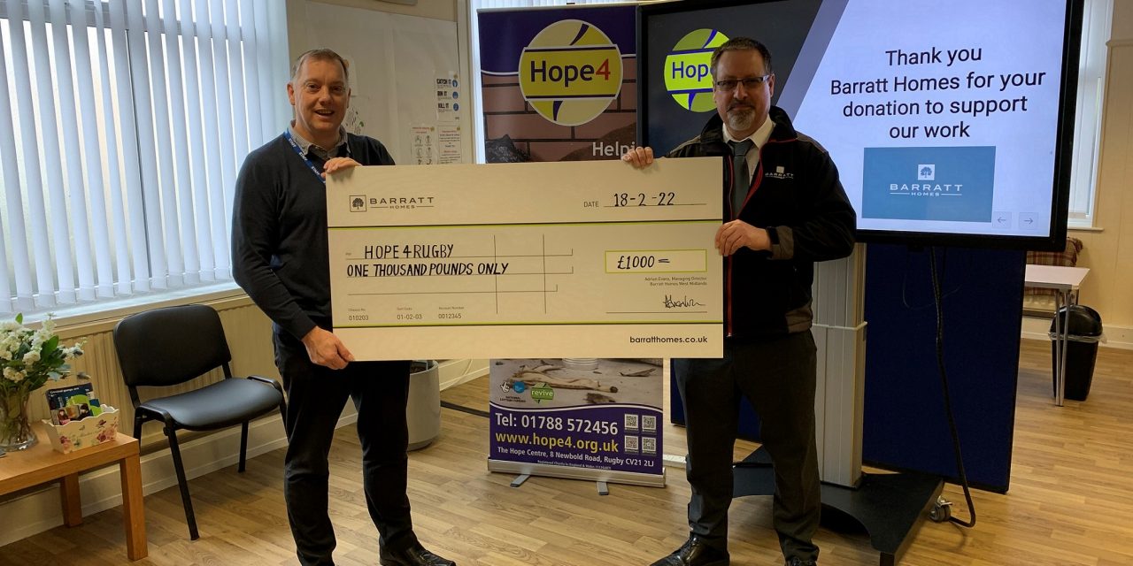 Warwickshire charity Hope4Rugby gifted £1,000 by West Midlands developer