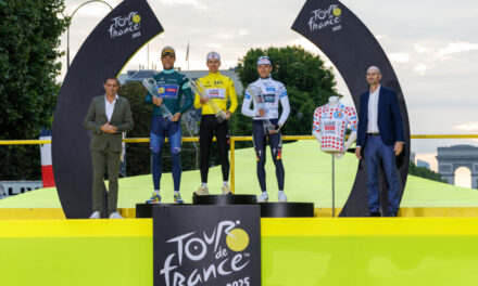 Winner of the 112th Tour de France, Tadej Pogačar, receives crystal trophy by Škoda Design